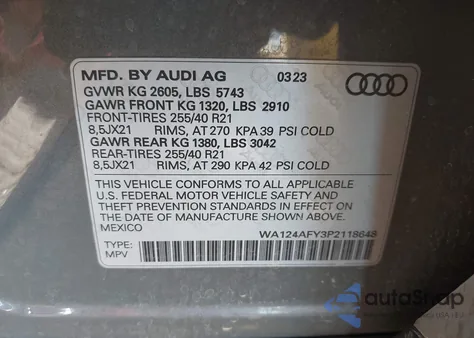 2023 Audi Sq5 Sportback Premium Plus Tfsi Quattro Tiptronic z USA, uszkodzony, nr VIN WA124AFY3P2118648